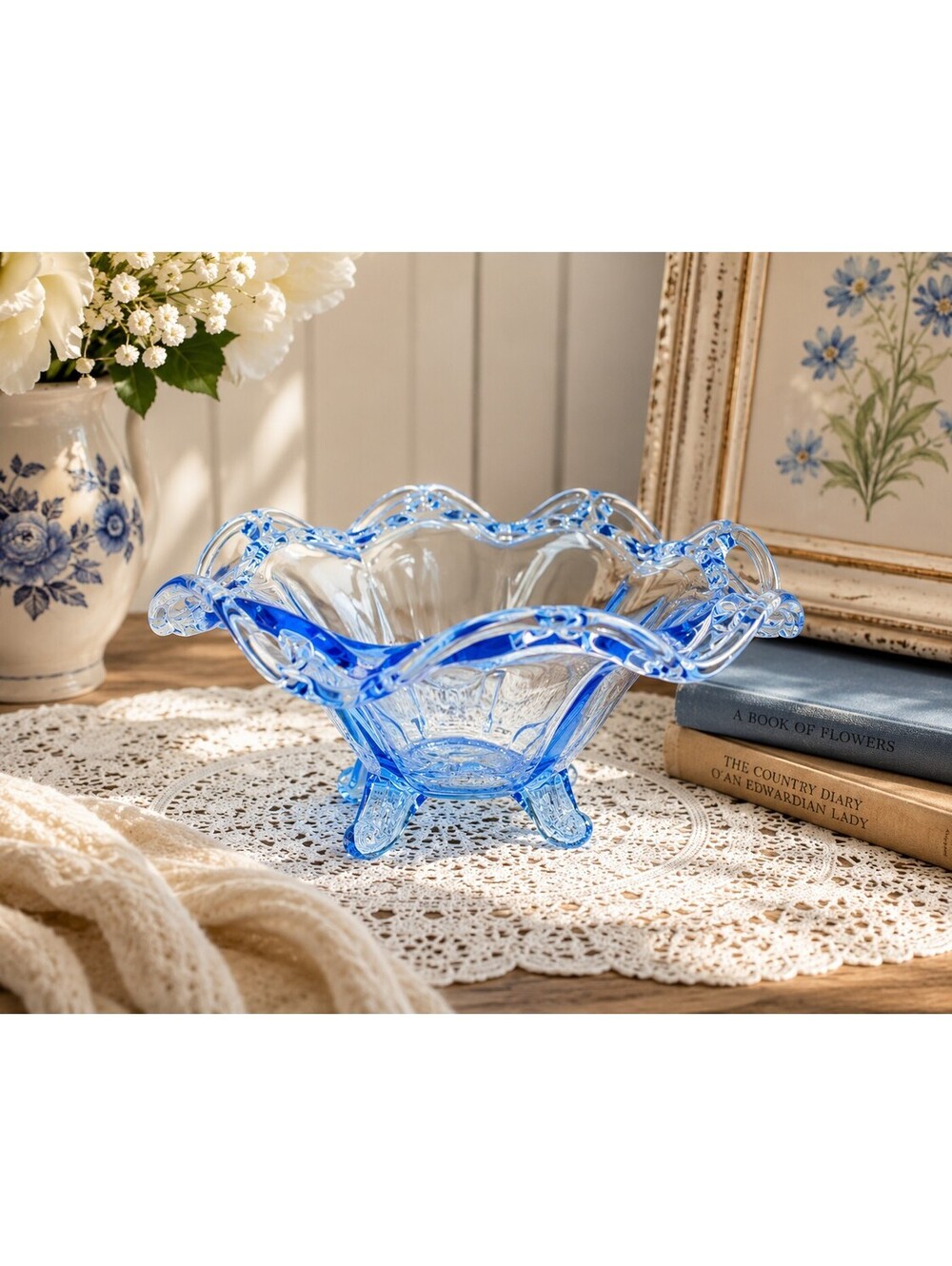 Vintage Blue Imperial Glass Laced Edge Footed Bowl Katy Line No. 78